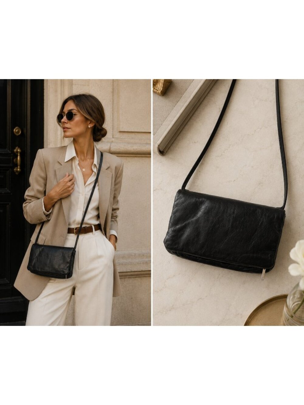 HOBO Black Leather Crossbody Bag Slim Minimalist Shoulder Purse Organizer Small